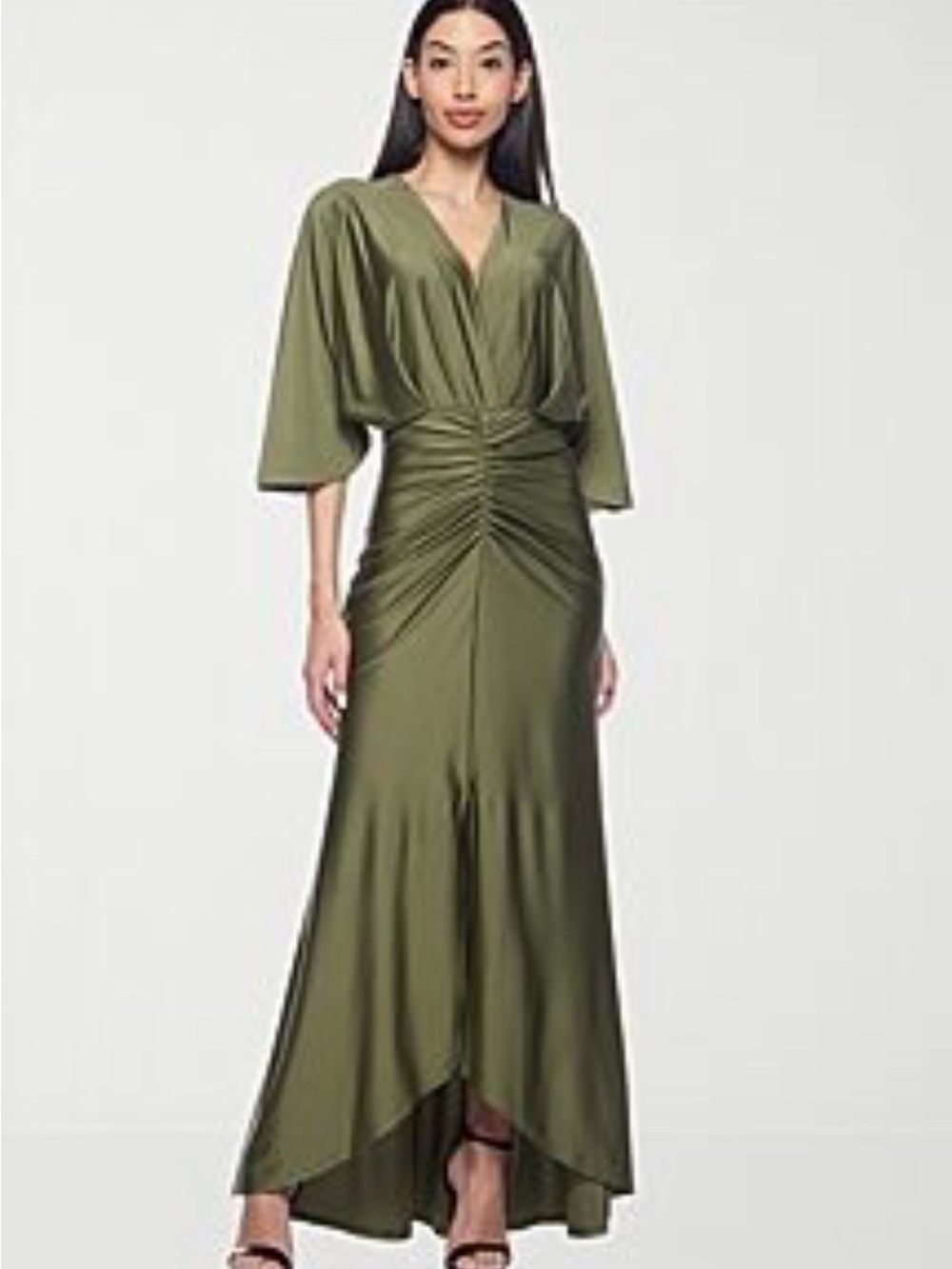 Olive Green V-Neck Ruched High-Low Maxi Dress